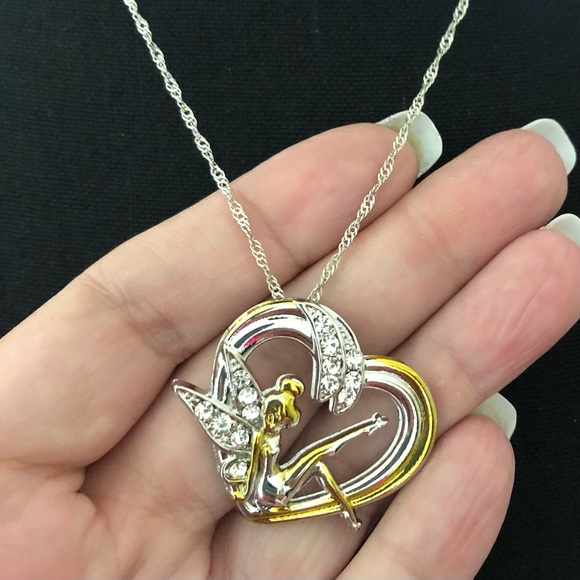 “Tinkerbell” Heart-Shaped Pendant Necklace; Two-Tone; Gold/Silver; Rhinestones - Picture 2 of 3